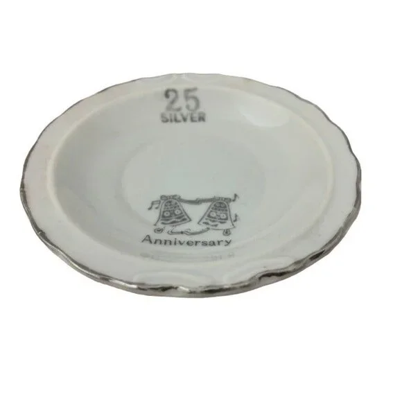 Vintage 25th Silver Anniversary Trinket Dish Wedding Bells Ring Dish 4.5 Inch - Picture 2 of 7
